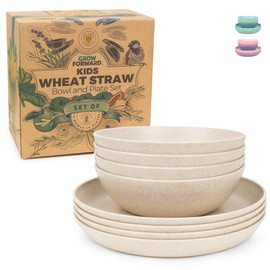 Grow Forward Wheat Straw Kids Plates and Bowls Sets - 8-Piece Unbreakable Dishwasher & Microwave Safe Plastic Plates for Kids - Reusable Non Toxic BPA-Free Dinnerware for Children - Sahara