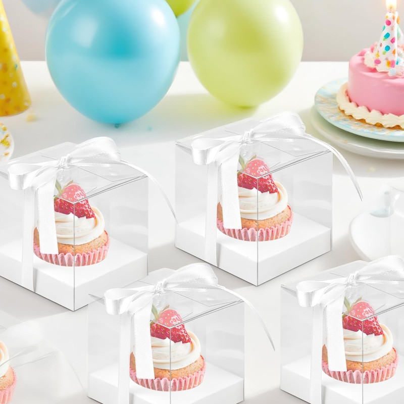 Axigundaone 60 Pcs Clear Cupcake Boxes Single 3.5 Inch, White