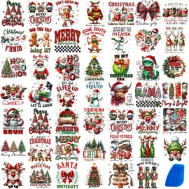 ZMRU 48 Sheets Vintage Christmas Rub On Transfers for Crafts, Rub On Transfers Christmas Wood Slices, Balls,Holiday Decoration Ornaments,2.5 * 2.5inch