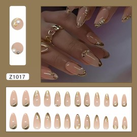 Gold Press on Nails Medium Almond Fake Nails with 3D Pearl Designs French Tip False Nails Glossy Gel Acrylic Nails Glue on Nails Gold Artificial Nails Kit Full Cover Stick on Nails for Women 24Pcs