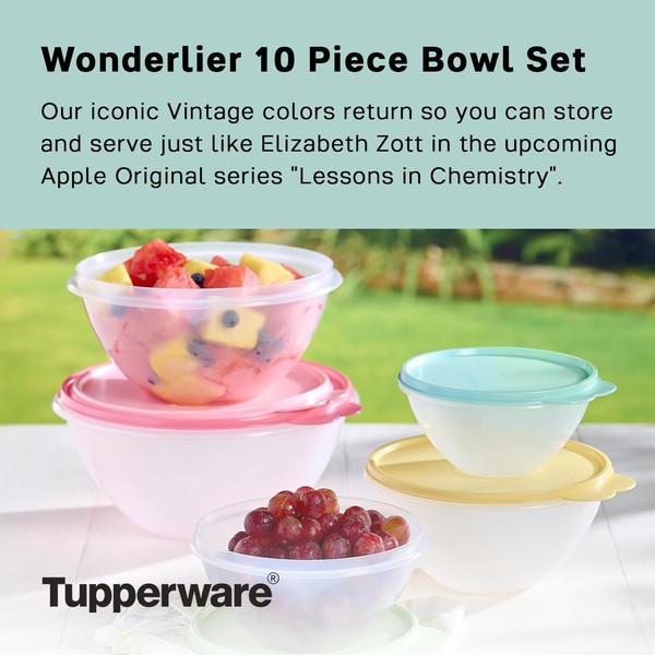 Tupperware Heritage Wonderlier 10 Piece Food Storage Bowl Set in Vintage Colors- Dishwasher Safe & BPA Free - (5 Containers + 5 Lids)
