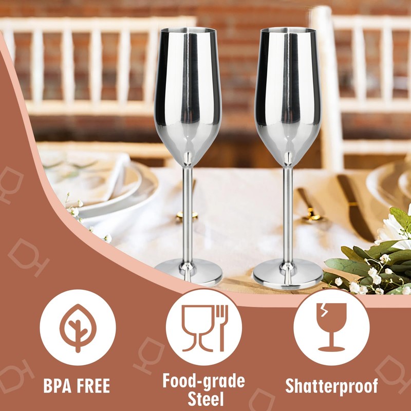 TJ Unbreakable 8 Oz Stainless Steel Champagne Flutes (2 Pack)-