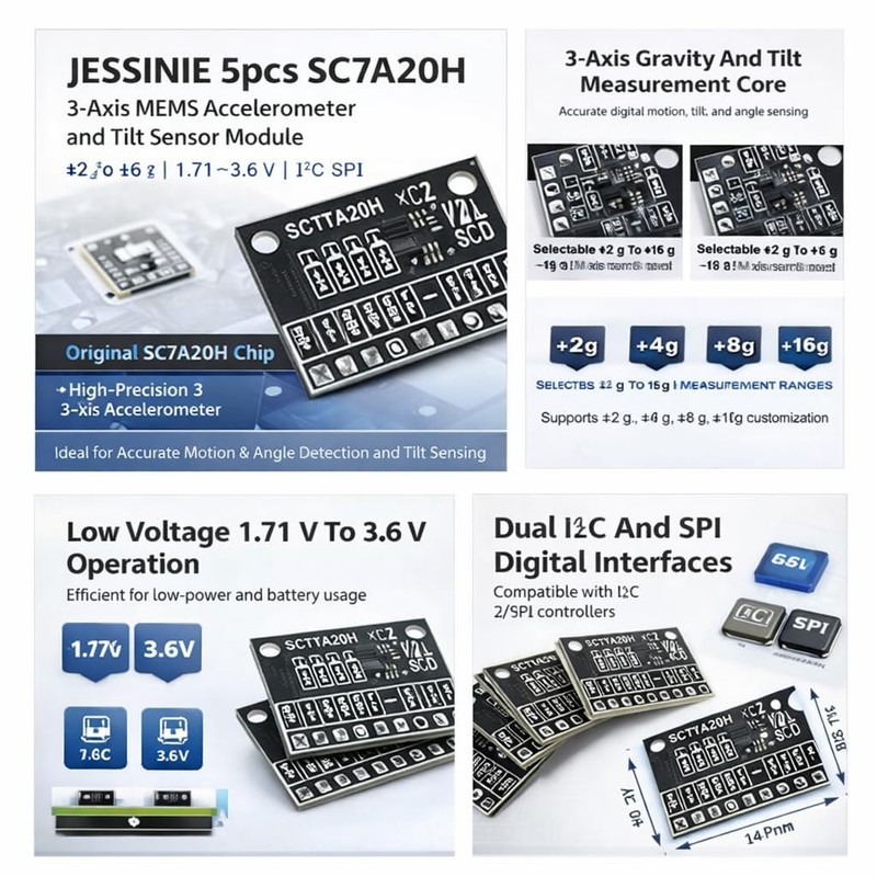 JESSINIE 5pcs SC7A20H 3‑Axis MEMS Accelerometer and Tilt Sensor Module,