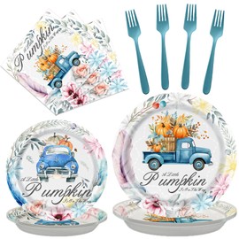 wuhuzsm 96pcs A Little Pumpkin is On The Way Baby Shower Pumpkin Plates and Napkins Baby Shower Decoration Little Pumpkin Plates Napkins Blue Pumpkin Tableware Gender Reveal Party Supplies 24 Guest