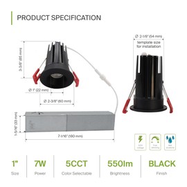 ASD 1 Inch LED Recessed Lighting with Junction Box, 7W 550 Lumens, Dimmable Anti-Glare Downlight, 2700K/3000K/3500K/4000K/5000K Selectable, CRI 90+, Round Black Trim, IC Rated, ETL