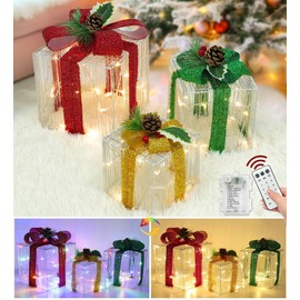 12 Modes & Timer & Color Changing - 3 Packs Light up Gift Boxes Christmas Decorations, 60 LED Lights Remote Hollow Yarn Glitter Present Box Battery Operated for Outdoor Home Yard Xmas Tree (7"-6"-5")