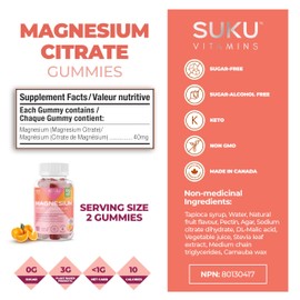 SUKU Vitamins - Sugar-Free Magnesium Citrate Gummies for Muscle & Heart Health, Bone Strength, and Overall Wellness, 60 Counts