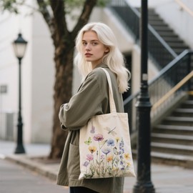 Ialtsidws Floral Aesthetic Canvas Tote Bag - Botanical Flower Print with Zippered Inner Pocket & Magnetic Buckle Closure | Minimalist Shoulder Bag for Women