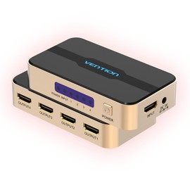 4K HDMI Splitter 1 in 4 Out, Audio video HDMI Distributor for 4 Monitors, Simultaneous 4K UHD, HDCP 1.4, 3D, 1080P Full HD, 30M Transmission, DC Power Supply, HDMI Splitter for Gaming, TV, Projector