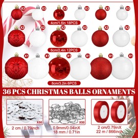 Relaxgiant 36 Pcs Christmas Balls Ornaments for Ceiling, Shatterproof Christmas Balls, Ceiling Hanging Xmas Ball for Xmas Tree Holiday Party Indoor Decorations(Red, White)