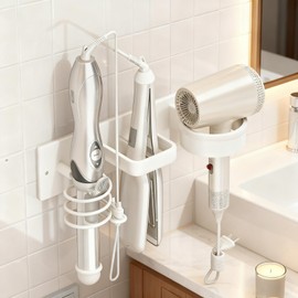 Hair Dryer Holder Wall Mounted Blow Dryer Holder Curling Iron Holder Straightener Holder 3 in 1 Bathroom Metal Hair Tool Organizer Rack（White）