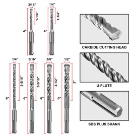 SALI Rotary Hammer Drill Bits 10 Pcs Set 3/16"*4"*2,1/4"*4"*2，1/4"*6"*2,5/16"*6"*1，3/8"*6"*2，1/2"*6"*1 Concrete Masonry Hole Tool with Storage Case for Concrete, Stone, Brick