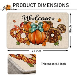 Tailus Welcome Cartoon Mouse Pumpkin Decorative Front Door Mat, Autumn Wreath Doughnut Doormat Indoor Outdoor Non-Slip Floor Entryway Rug, Thanksgiving Maple Leaves Home Kitchen Decoration 17x29 Inch