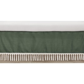 Sweet Jojo Designs Dark Green Boho Boy Girl Gender Neutral Baby Crib Skirt Bed Dust Ruffle Bedskirt Straight Nursery Hunter Sage Modern Bohemian Farmhouse Southwest Shabby Chic Fringe Diamond Tuft