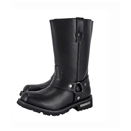 Mens Harness Straps Motorcycle Leather Boots, Black Waterproof Biker Boots For Men- Low Heel Riding Boots