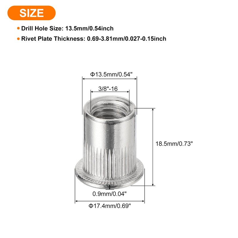 sourcing map 25Pcs Rivet Nuts Flat Head, 3/8" Stainless Steel