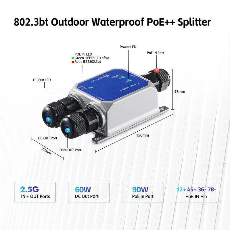 MokerLink IP67 Outdoor 2.5 Gigabit PoE Splitter, 10/100/1000/2500Mbps, IEEE 802.3