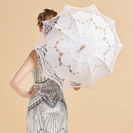 BABEYOND Lace Umbrella Parasol Vintage Wedding Bridal Umbrella for Decoration Photo Lady Costume 1920s Party (White)