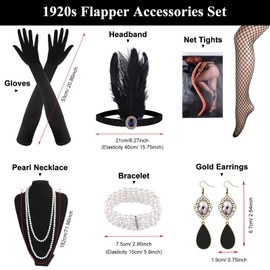 FEPITO 8 Pieces 1920s Flapper Great Gatsby Accessories Set Fashion Roaring 20's Theme Set with Headband Headpiece Long Black Gloves Necklace Earrings for Women（Set B）