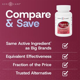 GeriCare Vitamin B-12 1000mcg High Potency Tablets, Premium Dietary Supplement for Boosting Energy, Supporting Brain Health, and Maintaining a Healthy Nervous System 130 Count (Pack of 1)
