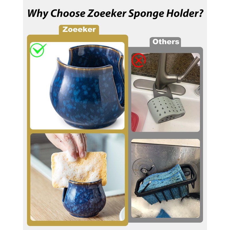 Zoeeker Ceramic Sponge Holder, Kitchen Sink Scrub Caddy Organizer Dish