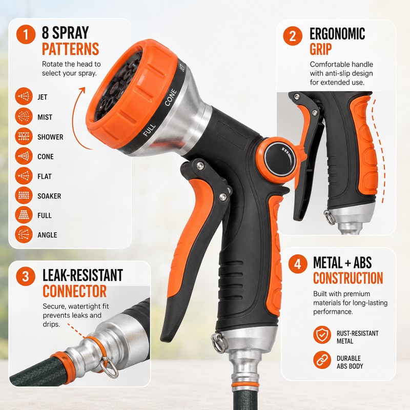 High Pressure Garden Hose Nozzle for Watering – 8-Pattern Metal