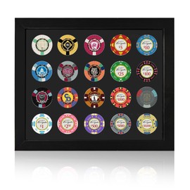 Poker Chip Display Frame for 20 Chips, 11.8"x9.8" with EVA Foam Lining & Black Flocked Fabric, Wall Mount or Tabletop Display