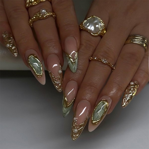 Long Press on Nails Green and Gold Chrome Fake Nails
