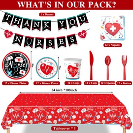Nurse Graduation Party Decorations, Doctor Nurse Medical School Graduation Party Tableware Set, Serves 12 and Includes Plates, Napkins, Cups, Tablecloths, and Congrats Banner 86 Pcs