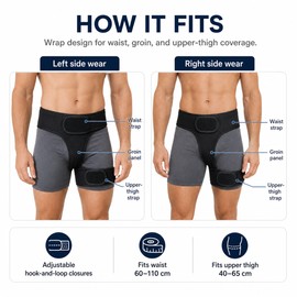 Adjustable Neoprene Groin and Thigh Compression Wrap, Hip Support Brace, Black, Left or Right Fit