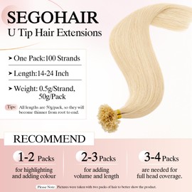 SEGOHAIR U Tip Hair Extensions Human Hair Pre Bonded Extensions Keratin Fusion Extensions K Tip Hair Extensions Real Human Hair Silky Straight Natural 50g/100 Stands 22" Bleach blonde