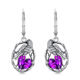 LONAGO Crow Earrings for Women 925 Sterling Silver Raven with Heart Cut Birthstone Drop Dangle Earrings for Mother's Day (February)
