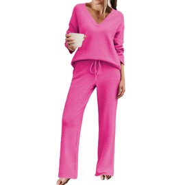 Ekouaer Pajamas for Women 2 Piece Lounge Set Fuzzy Fleece Long Sleeve Pullover Sweater Top Wide Leg Pants Set Outfits Rose，Small