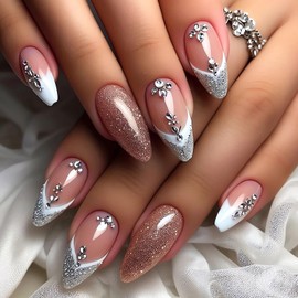 French Tip Press on Nails Almond Medium Fake Nails 3D Stereoscopic Rhinestone Designs Glue on Nails Glossy Pink False Nails with Glitter Medium Almond Stick on Nails for Women Manicure DIY 24Pcs