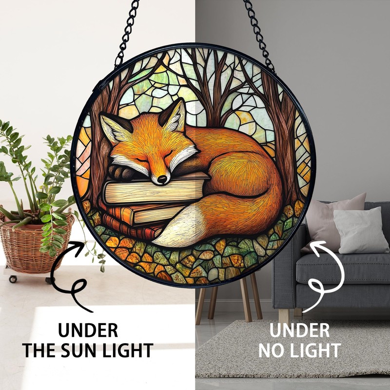 Fox Stained Glass Window Hanging, Book Lovers Sun Catchers Indoor