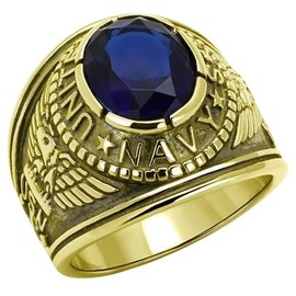 YourJewelleryBox Mens navy ring gold oval sapphire USA militry yellow gold steel bezel signet pinky (z4)