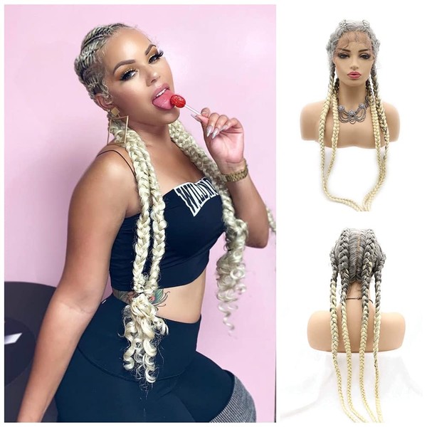 RainaHair 4 Mixed Silver to Platinum Blonde Braids Platinum Blonde Box Braids Cornrow Braided Wig with Baby Hair Afro Braids Crochet Braids 30 Inch