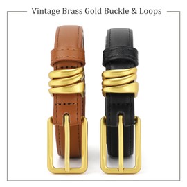 WHIPPY 2 Pack Women Skinny Leather Belt Ladies Black Thin Waist Belt for Dresses Jeans Pants with Gold Buckle and Metal Loops Black Brown S