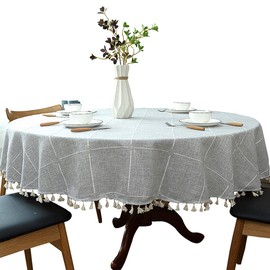 Heavy Weight Cotton Linen Tablecloth, Plaid Tassel Round Table Cover for Kitchen Dining Room Tabletop Decorations, Round - 63", Grey
