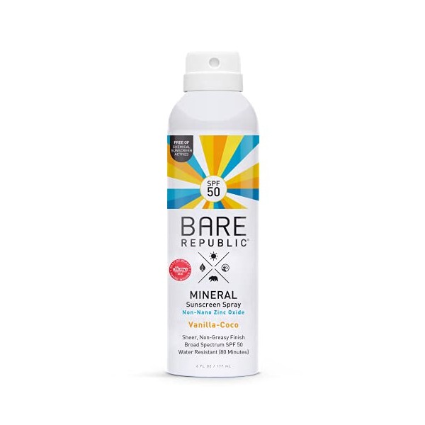 Bare Republic Mineral Sunscreen & Sunblock Spray with Zinc Oxide, Broad Spectrum SPF 50, Reef Friendly, Vanilla Coco, 6 Fl Oz