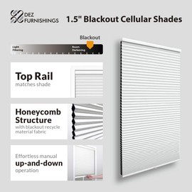 DEZ FURNISHINGS Cordless 1.5" Blackout Cellular Shade, Energy Saver, 60.5" W x 48" H, White