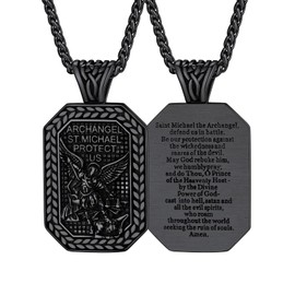Stainless Steel St Michael Archangel Necklace, Black Octagon Jewelry Saint Michael Prayer Neck Chain Adjustable, Amulet Gifts for Fathers Day Christmas