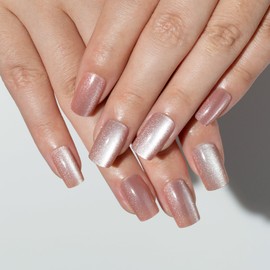 TENPAL Nude Pink Press on Nails Medium Korean Glitter Fake Nails With Glue 24pcs/Box Acrylic False Nails With Bling Shiny Cat Eyes Artificial Nails Press ons Summer Nails For Women Girls Stick on