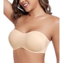 HACI Women's Unlined Strapless Bra for Plus Size Minimizer Seamless Underwire Large Bust Bandeau(Beige,44DD)