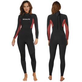 Ocealite Women's Wetsuit 3mm Full Body Back Zip Neoprene Suit Surfing Diving Suit with Flatlock Stitching Inner Key Pocket for Snorkeling Paddleboarding Swimming (Womens 3mm Black + Red, US6 (S))