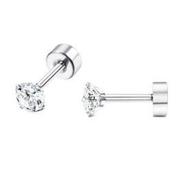 3mm Tiny CZ Cartilage Screw Back Eearrings,Cubic Zirconia Stud Earrings,Helix Tragus Cartilage Piercing Hypoallergenic Earring Screw Back Earrings Studs Gift for Women Men Girls(Silver, 3mm)