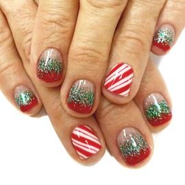 Christmas Press on Nails Red Short Square - ZWENJIE Winter Green Ombre Fake Nails Glitter French Full Cover Artificial Acrylic False Nail Stripe Vortex Designs Xmas Holiday Glue on Nails Kit 24 PCS