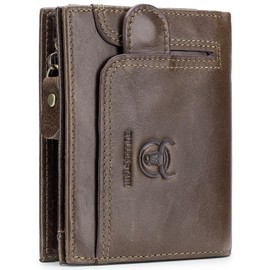BULLCAPTAIN Men RFID Blocking Bifold Wallet Genuine Leather Card Holder Zipper Coin Purse(Brown with zipper)