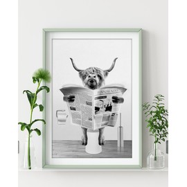 artpin® B15 Poster Bathroom Decoration A4 Pictures Bathroom Black and White Toilet Decorative Beef Animal in the Bathtub on Toilet