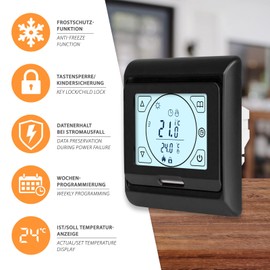 E91 Digital Thermostat Room Controller with Touch Display and EXT Sensor 10 kOhm, for Underfloor Heating Electric & Water Fed
